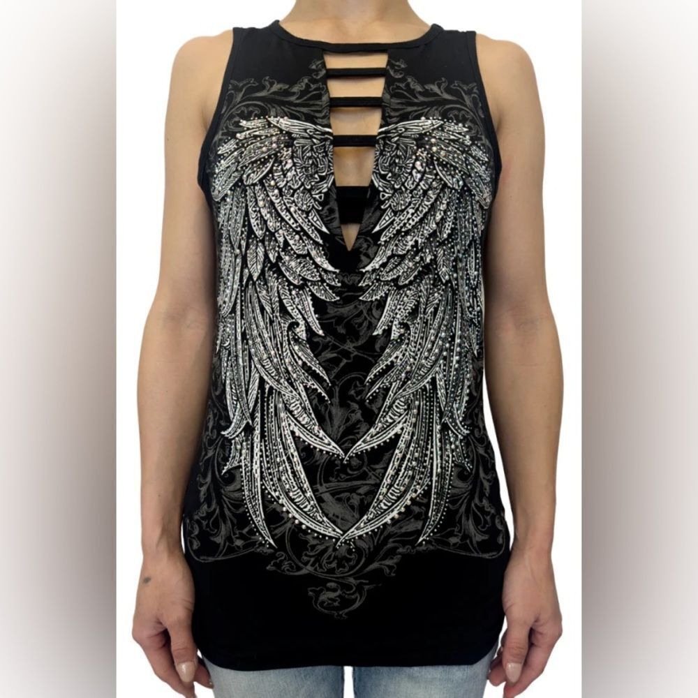 Dark Angel Wings Renegade Rhinestone Top By Platinum Plush